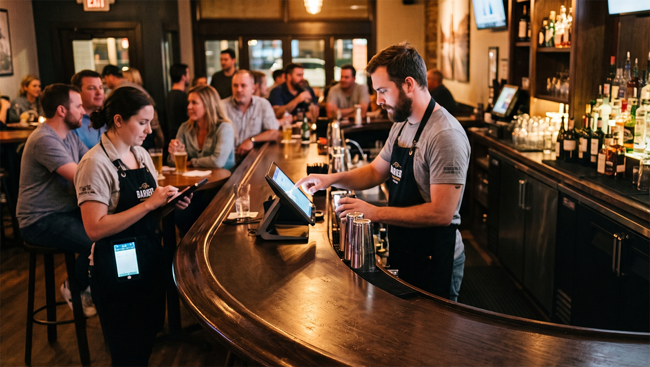 Bartender closing out a tab on a terminal
