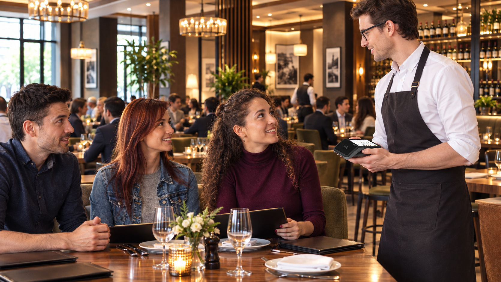 Server taking an order from guests at their table on an eatOS handheld