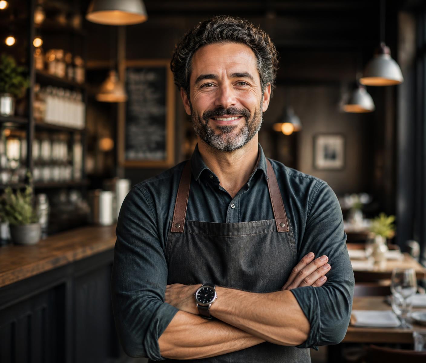 Restaurant owner standing in their dining room