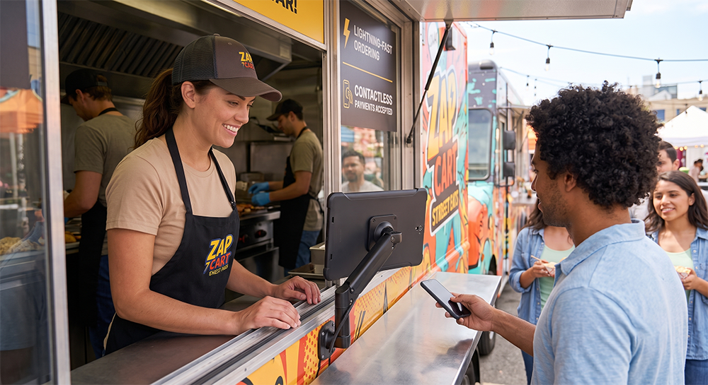 Staff taking an order at a food truck window
