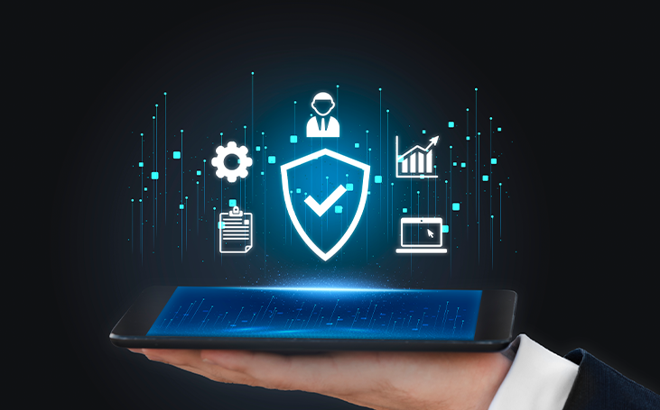 Illustration of a security shield above a tablet