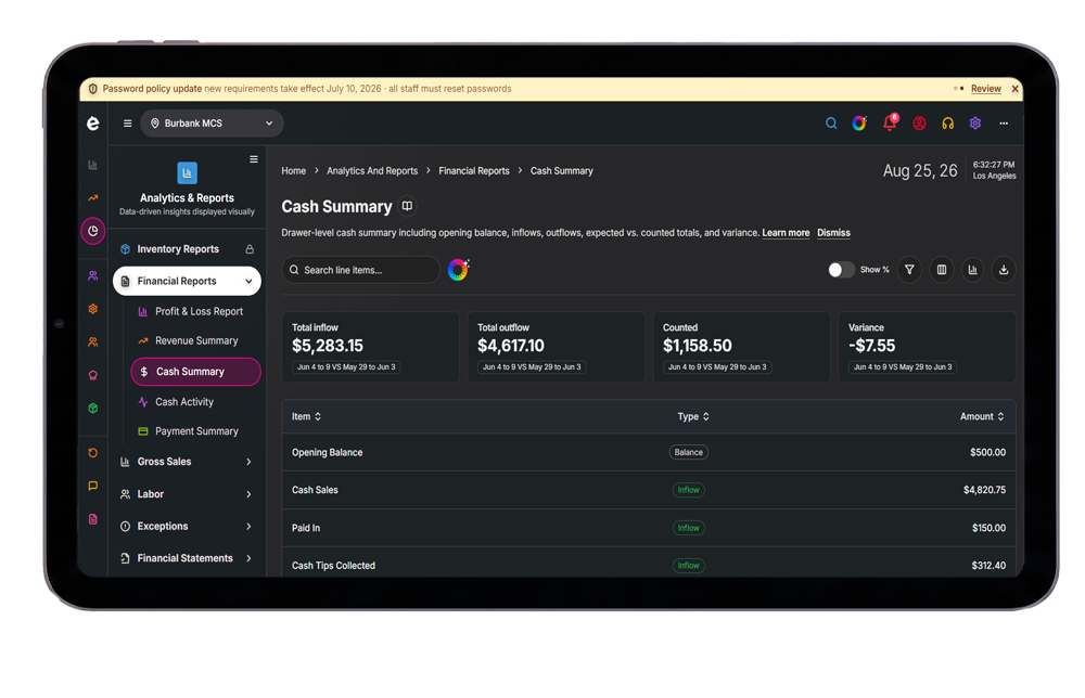 eatOS analytics on tablet