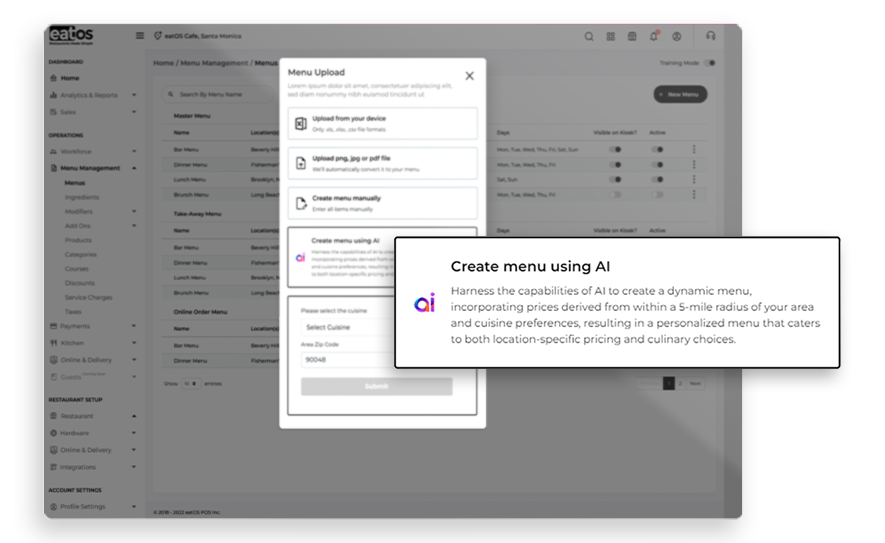 eatOS dashboard with AI menu generation