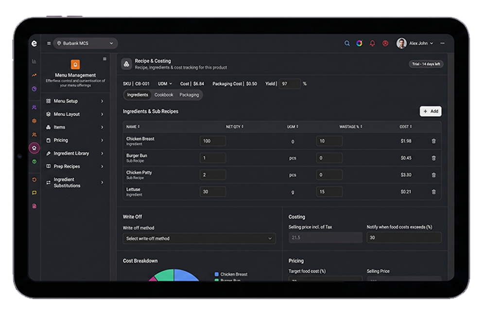 Recipe costing and menu engineering